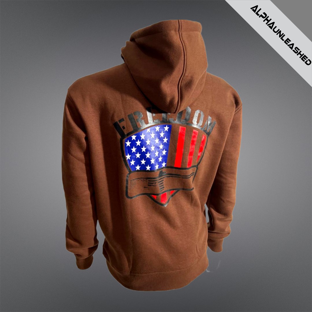 AMERICAN FREEDOM AR15 Brown Hoodie - Patriotic Tactical Sweatshirt for Gun Enthusiasts - ALPHAunleashed