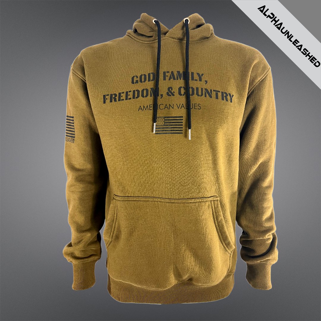 AMERICAN VALUES Hoodie - God, Family, Freedom & Country Military Green Sweatshirt - Patriotic Apparel - ALPHAunleashed
