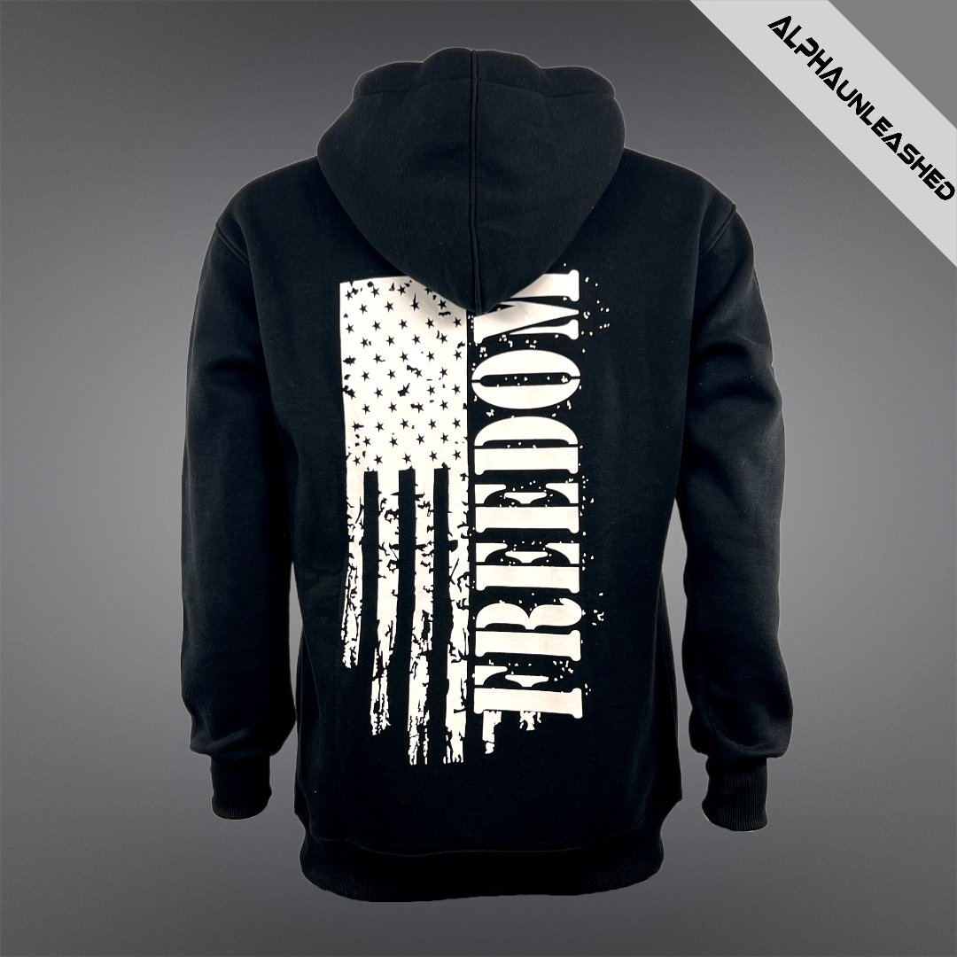 Black Freedom Hoodie with Distressed American Flag Design - Patriotic Sweatshirt for United States Patriots - ALPHAunleashed