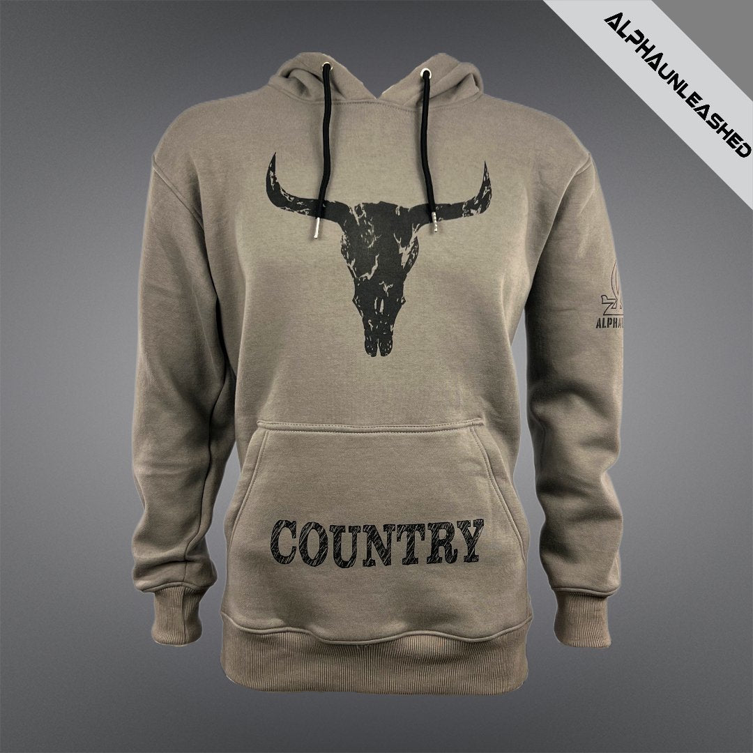 COUNTRY DISTRESSED BULL Grey Hoodie - Rustic Western Style Sweatshirt for Rodeo & Farming Enthusiasts - ALPHAunleashed