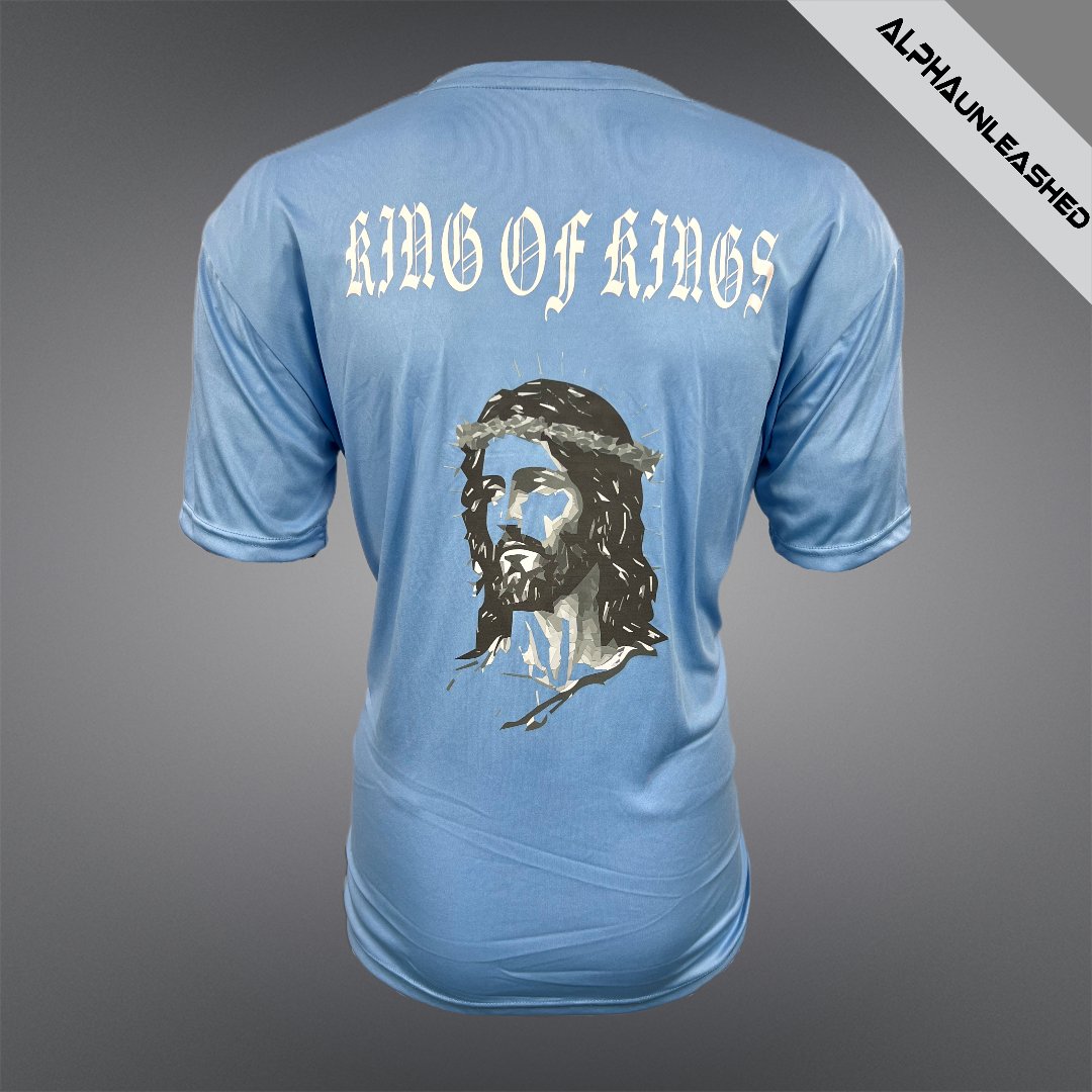 DRY-FIT Blue 'KING OF KINGS' Christian T-Shirt - Inspirational Athletic Tee for Faith and Fitness - ALPHAunleashed