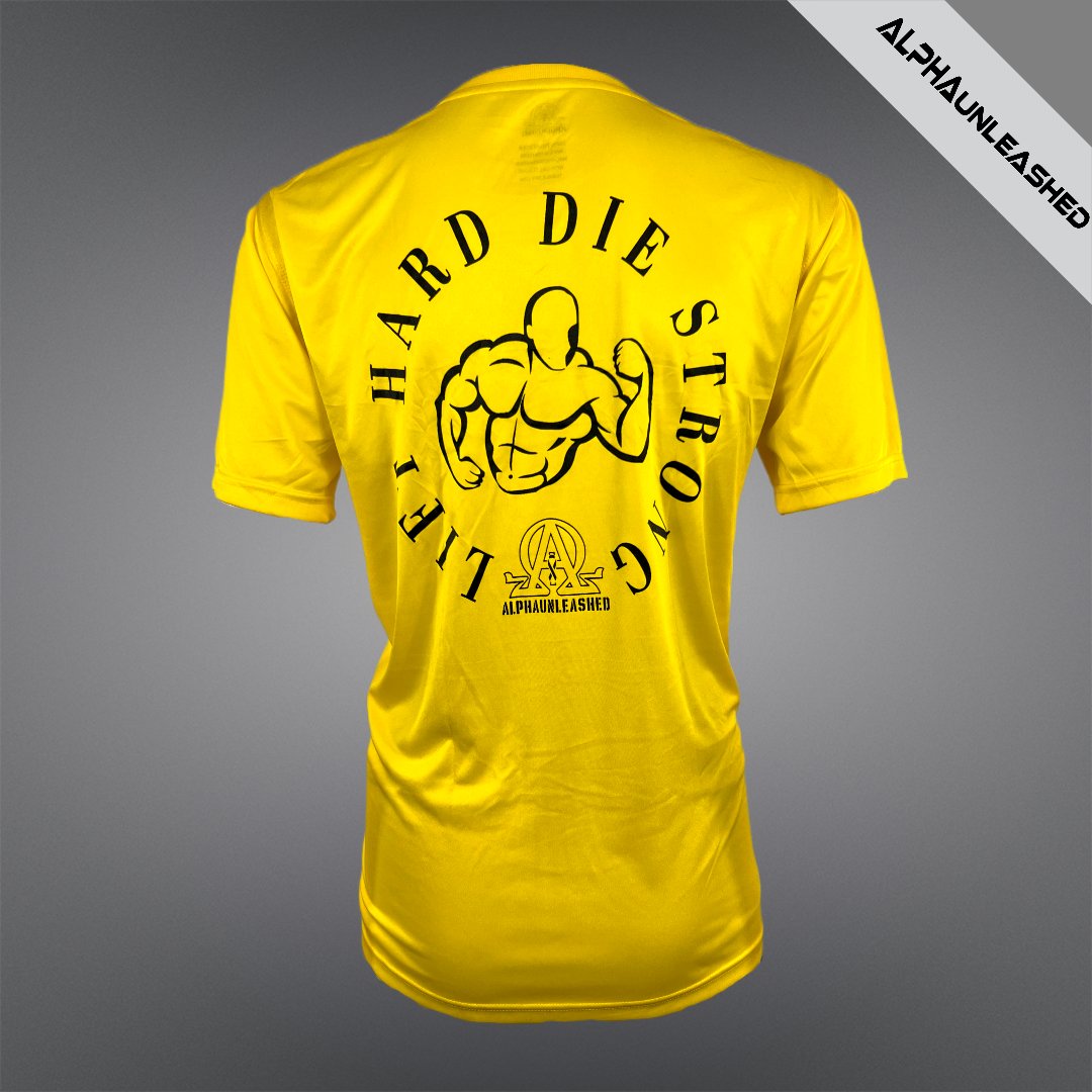 DRY-FIT 'LIFT HARD DIE STRONG' Yellow Gym T-Shirt - High-Intensity Workout and Fitness Tee - ALPHAunleashed