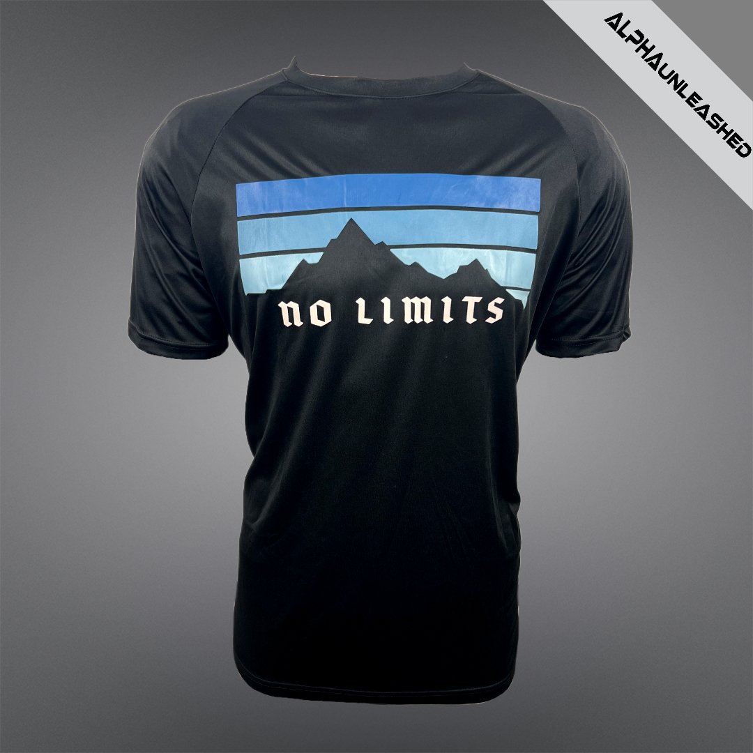 DRY-FIT 'NO LIMITS' Black Mountain T-Shirt - Outdoor Adventure and Hiking Performance Tee - ALPHAunleashed
