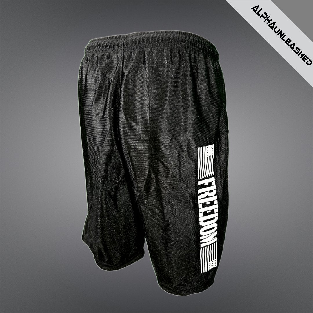 FREEDOM Black Athletic Gym Shorts - High-Performance Workout Gear for Fitness Enthusiasts - ALPHAunleashed