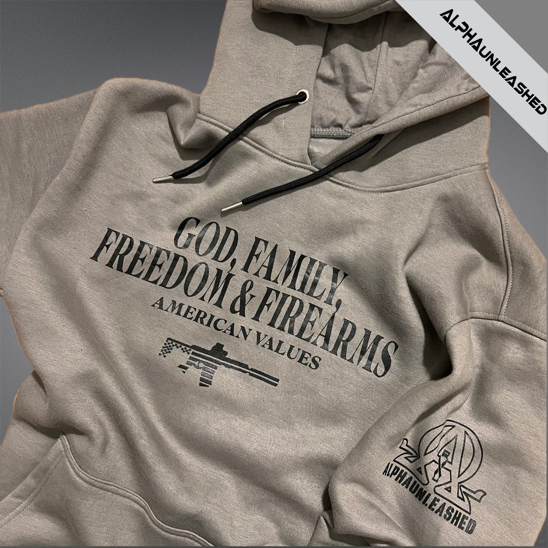 GOD, FAMILY, FREEDOM & FIREARMS Grey Hoodie - Patriotic Pro-2nd Amendment Sweatshirt for Supporters - ALPHAunleashed