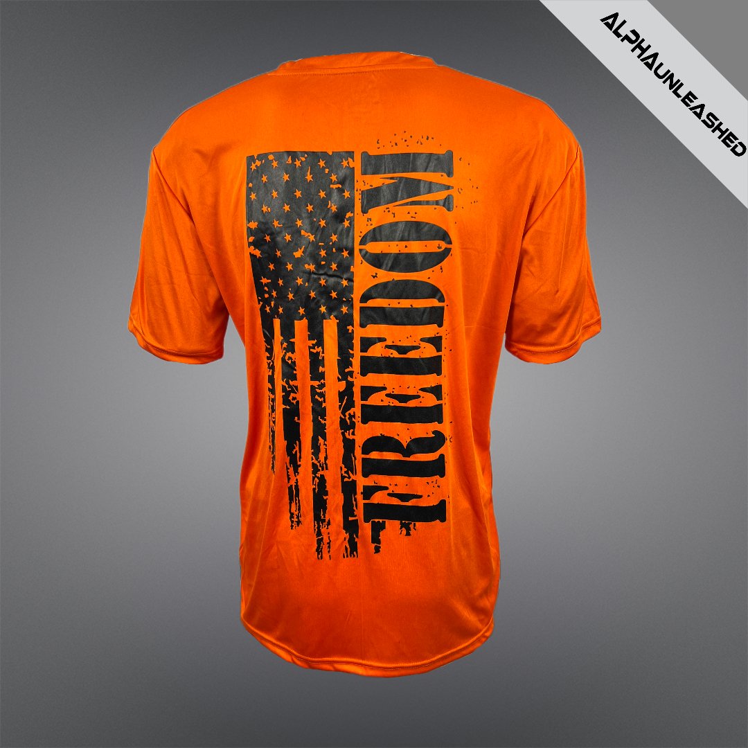 HIGH VISIBILITY Orange Dry-Fit Distressed Freedom T-Shirt - Reflective Safety Tee for Work & Active Wear - ALPHAunleashed