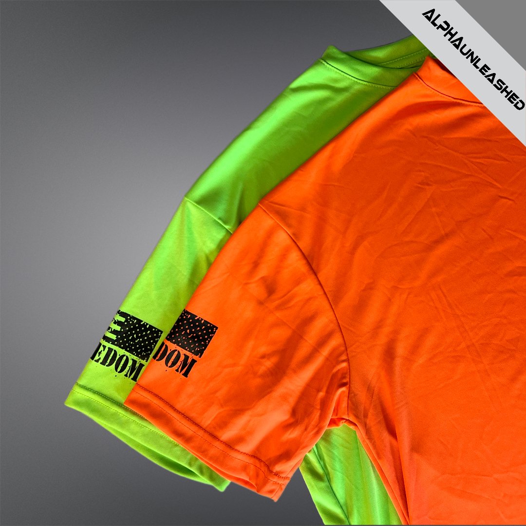 HIGH VISIBILITY Orange Dry-Fit Freedom Work T-Shirt - High Visibility Safety Tee for Construction & Industrial Jobs - ALPHAunleashed