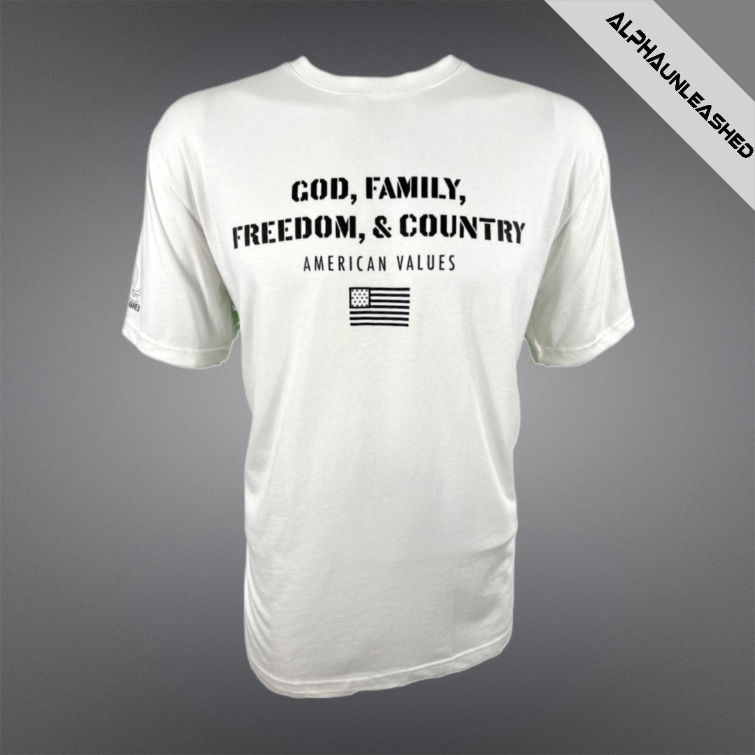 MEN'S AMERICAN VALUES T-Shirt - God, Family, Freedom & Country White Tee for Patriotic and Proud Americans - ALPHAunleashed