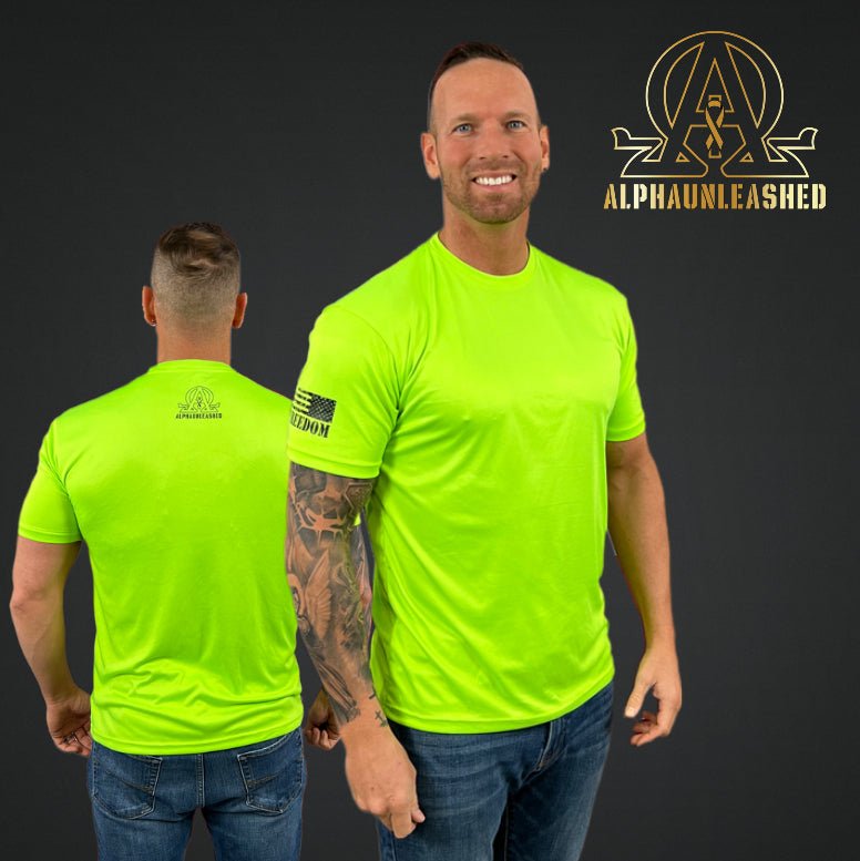 MENS HIGH VISIBILITY DRY-FIT TEE | MENS FREEDOM HI-VIS T-SHIRT GREEN | ALPHAUNLEASHED - ALPHAunleashed