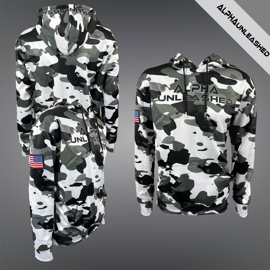 Whiteout Camo Hoodie - American Tactical Camouflage Sweatshirt for Outdoor Enthusiasts and Military Style - ALPHAunleashed
