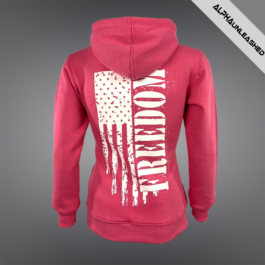 WOMEN'S DISTRESSED FREEDOM Pink Hoodie - Stylish Patriotic Sweatshirt with a Vintage Look - ALPHAunleashed