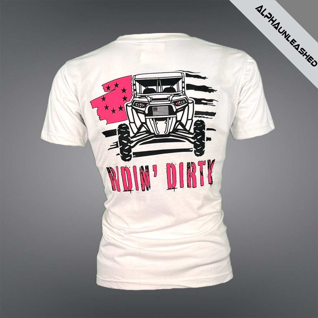 WOMEN’S 'OFF-ROAD RIDIN' DIRTY' White/Pink SXS T-Shirt - Stylish Tee for Off-Road Enthusiasts - ALPHAunleashed