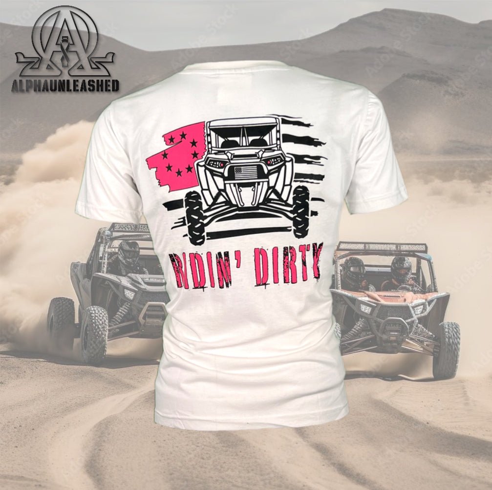 WOMEN’S OFF-ROAD TEE | RIDIN DIRTY SXS SHIRT - WHITE/PINK | ALPHAUNLEASHED. - ALPHAunleashed