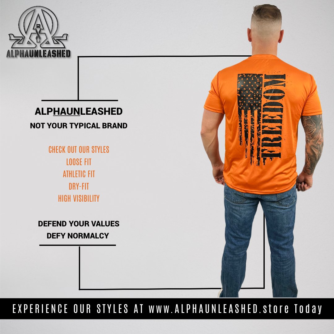 MENS HIGH VISIBILITY DRY-FIT TEE | MENS DISTRESSED FREEDOM FLAG SHIRT - ORANGE | ALPHAUNLEASHED - ALPHAunleashed