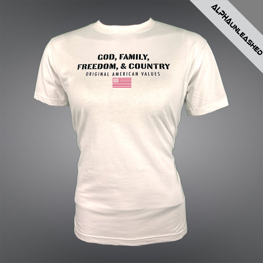WOMEN’S GOD FAMILY FREEDOM & COUNTRY White T-Shirt - Patriotic Tee for Women of Faith - ALPHAunleashed